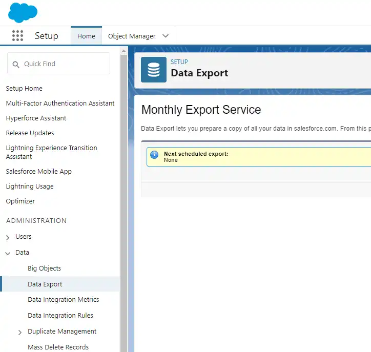 A screenshot of the salesforce data export screen.